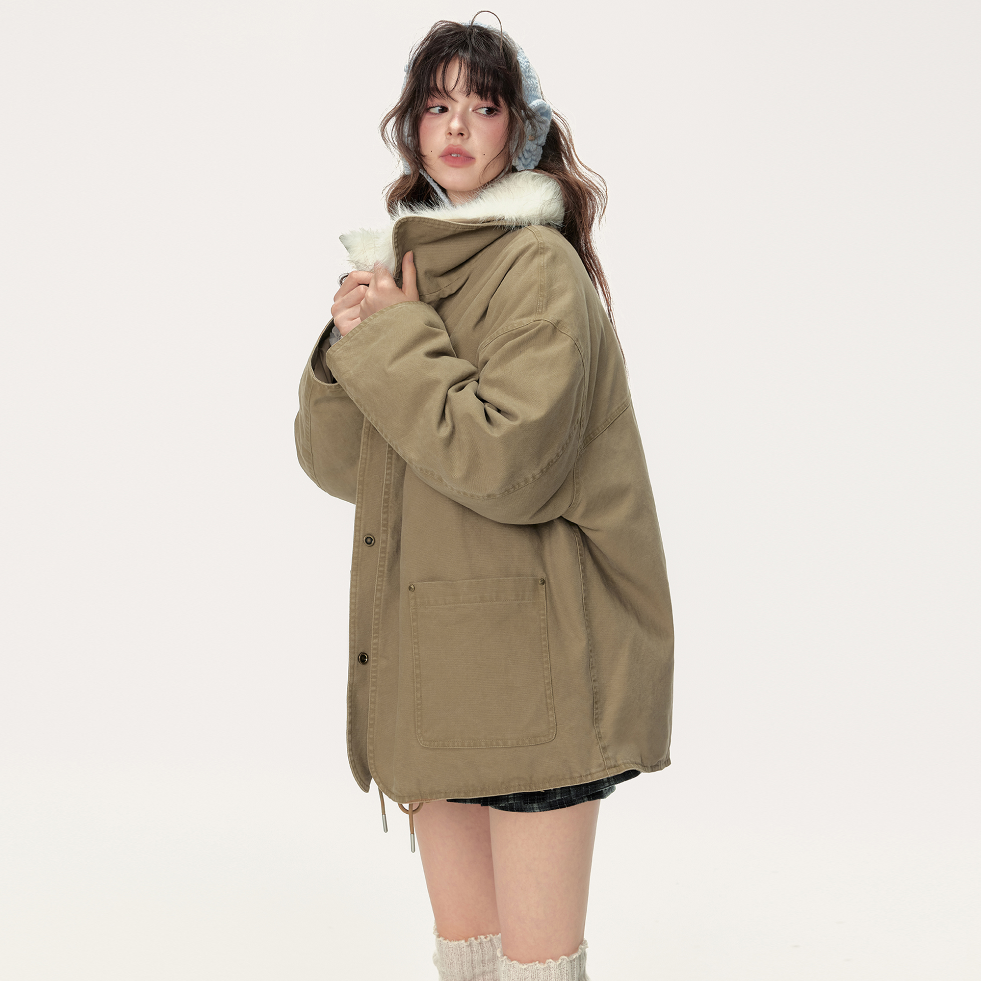 CHiCPARK复古工装风可拆卸毛领羽绒服落肩外套FAY002