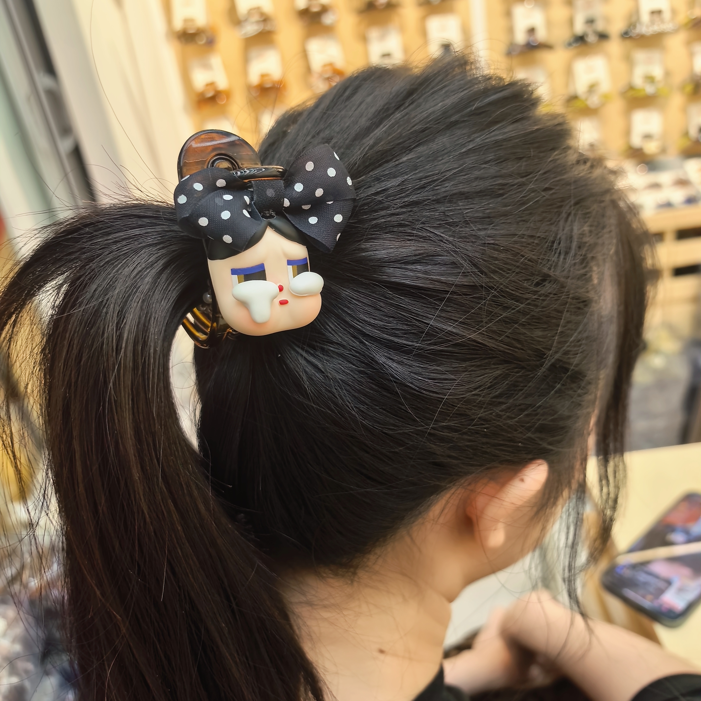 B047黑色波点蝴蝶结小哭娃AB面马尾抓夹