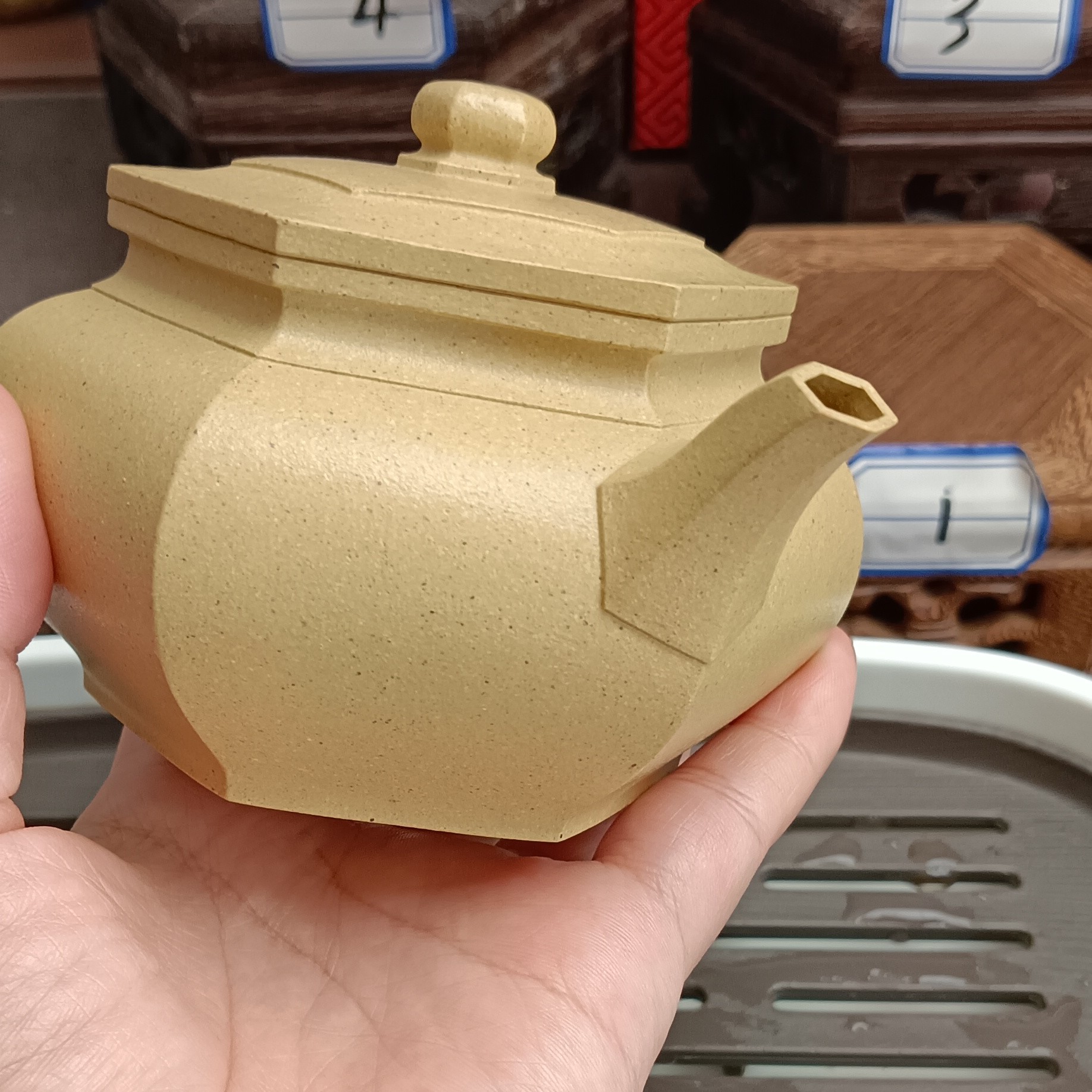原矿本绿精工半手大彬六方容量240cc绿泥六角茶壶