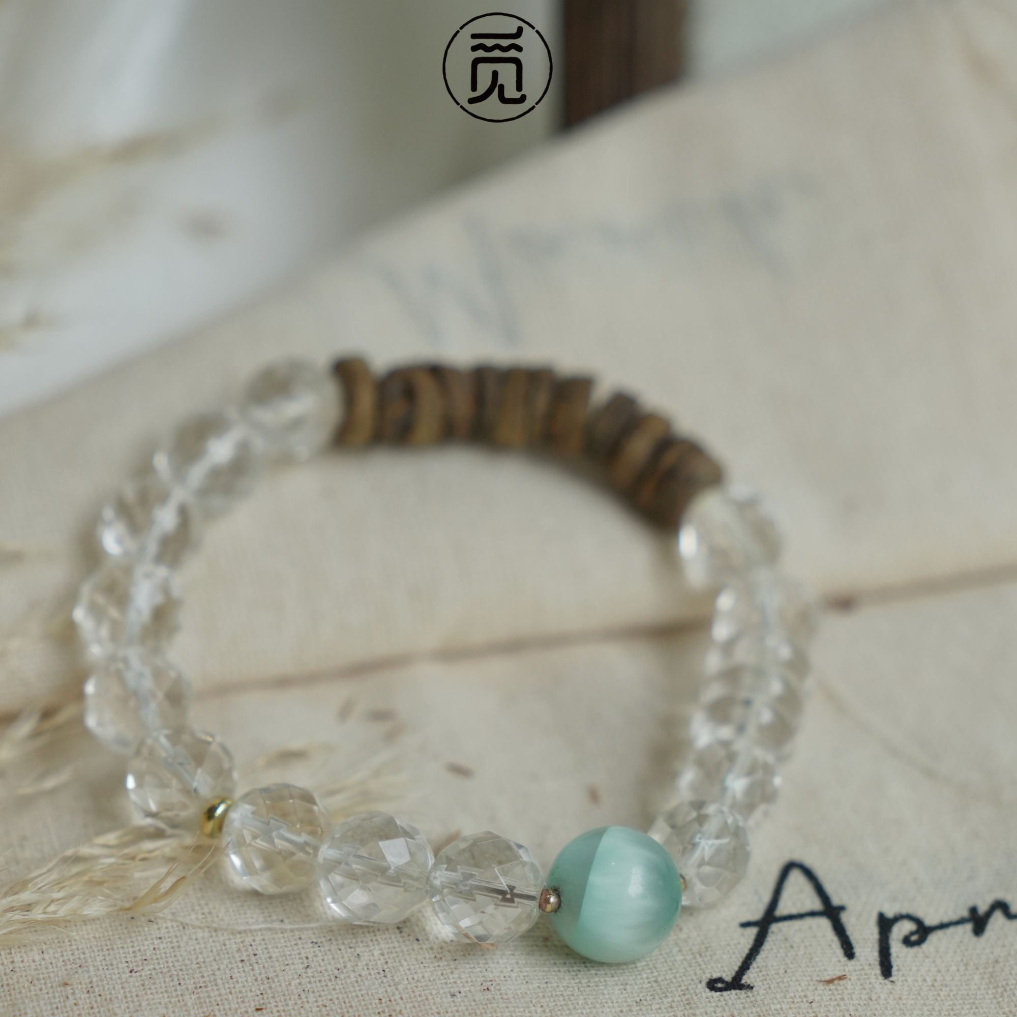沉香[觅岛] · 白水晶简约款海纹石手工设计奇楠沉香算盘珠手串