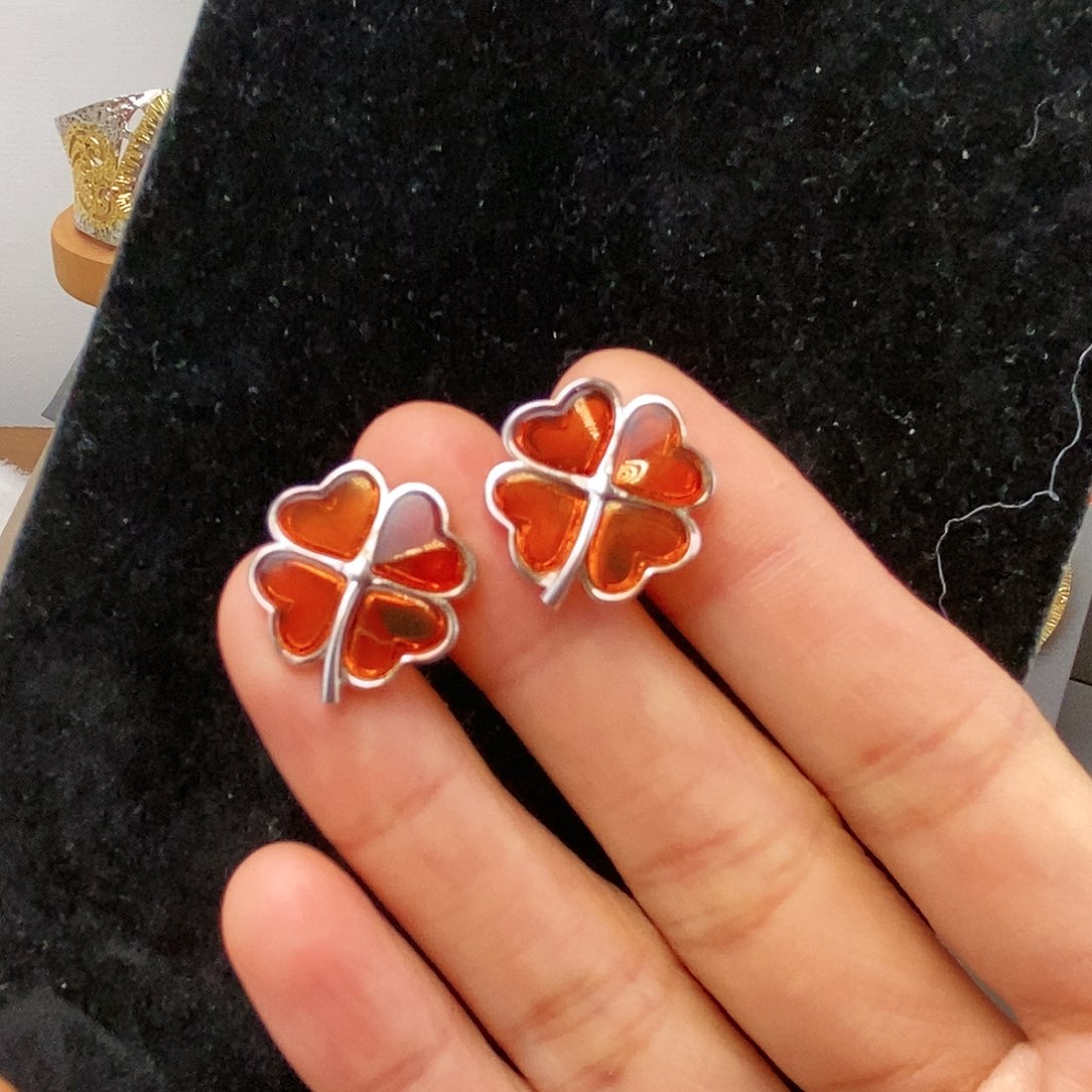 琥珀裸石银S925镶嵌耳钉