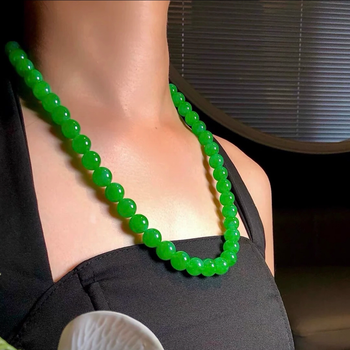 天然翡翠龙舌种辣阳绿项链珠串缅甸A货珠链