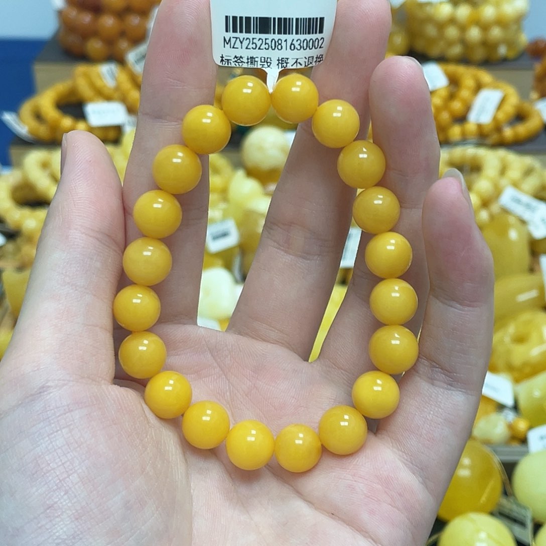 蜜蜡未镶嵌珠宝奇石圆珠手串鸡油黄9.6mm➕瑕