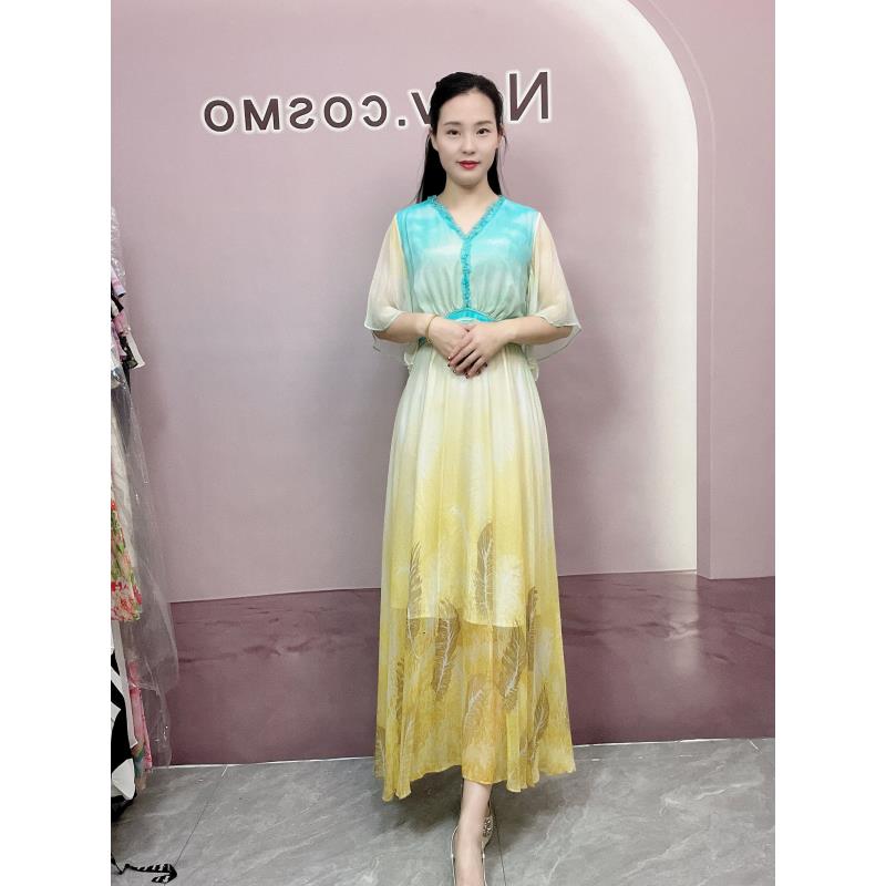 【深圳南油沐溪女装】新款夏季桑蚕丝法式碎花气质显瘦长款连衣裙