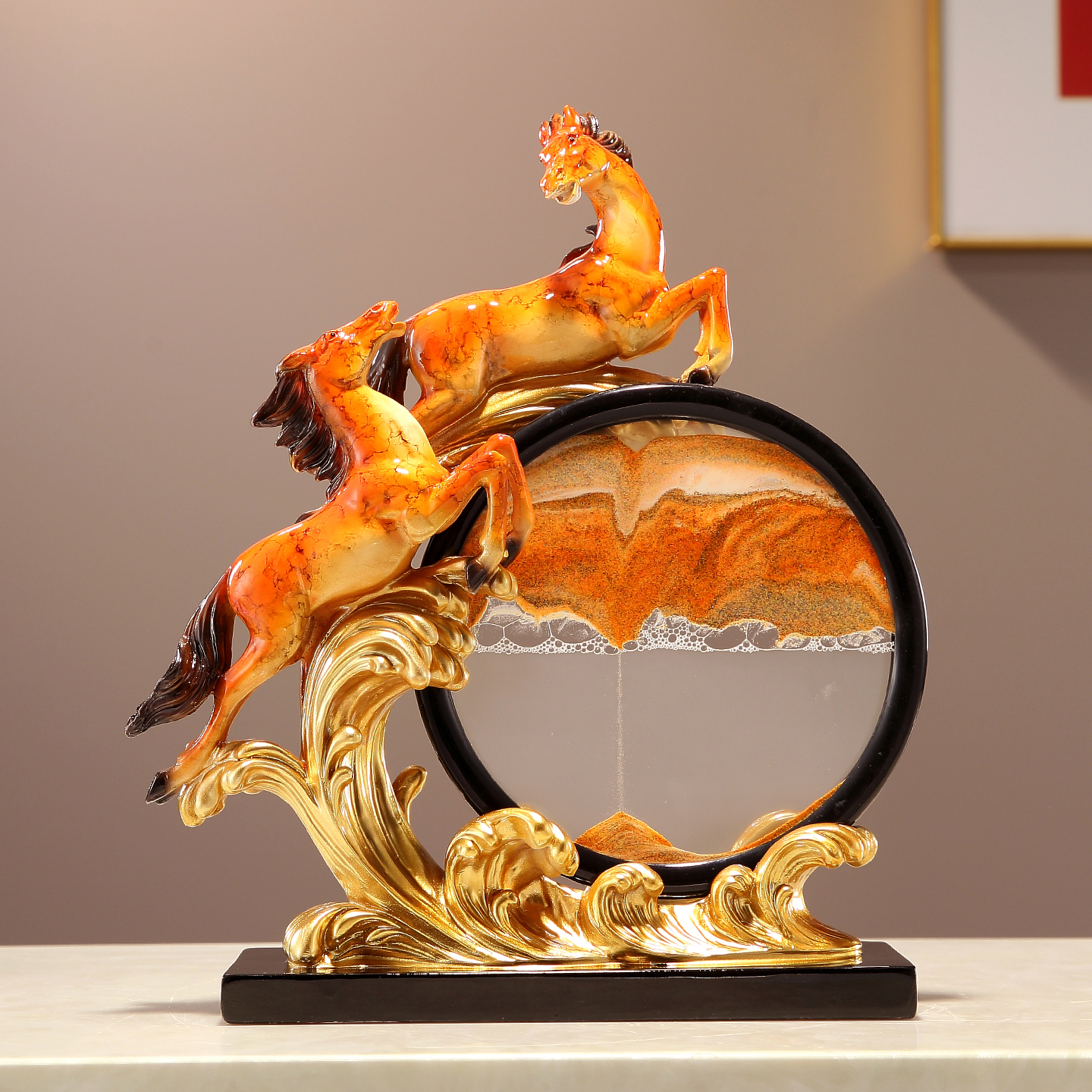 新中式双马流沙画摆件家居客厅电视柜玄关酒柜办公室桌面装饰礼品