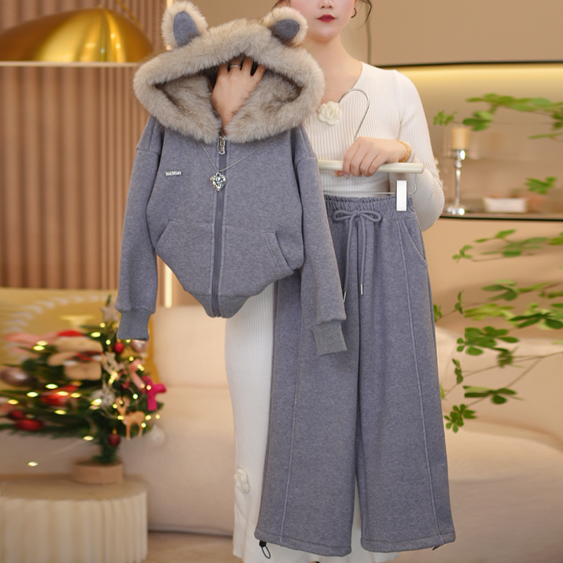 【闺蜜家】女童秋冬季2025新款时尚加绒加厚毛领休闲卫衣套装-9158