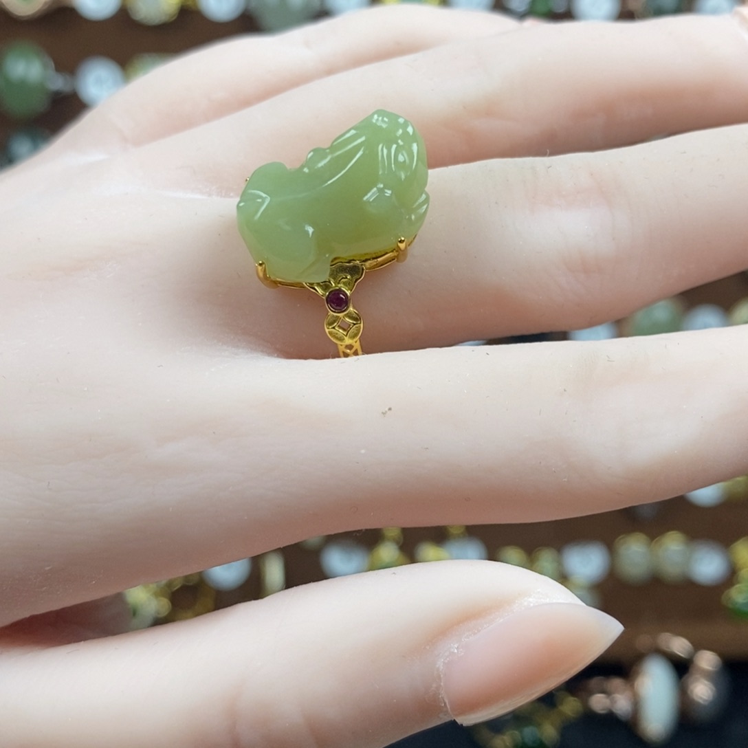 和田玉（黄玉）戒指银S925镀金镶嵌