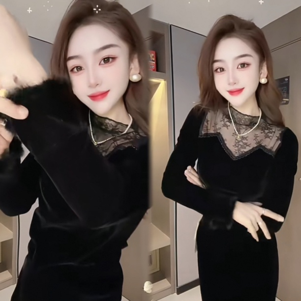 网纱拼接丝绒毛毛袖上衣女2025冬季新款成熟气质高级感百搭打底衫