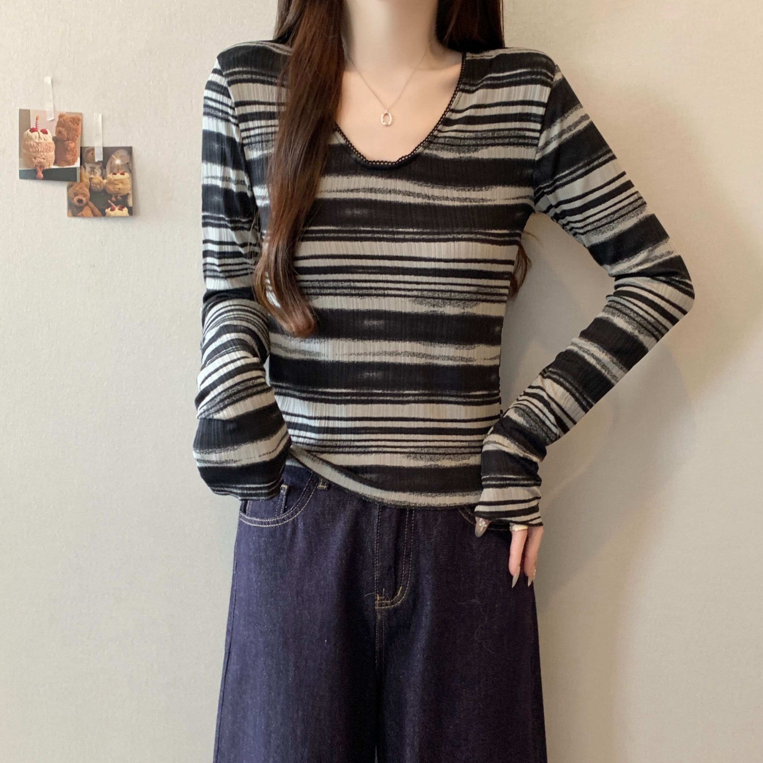 【衣长56】图片与实物不符648大码百搭显瘦撞色条纹设计打底衫上衣