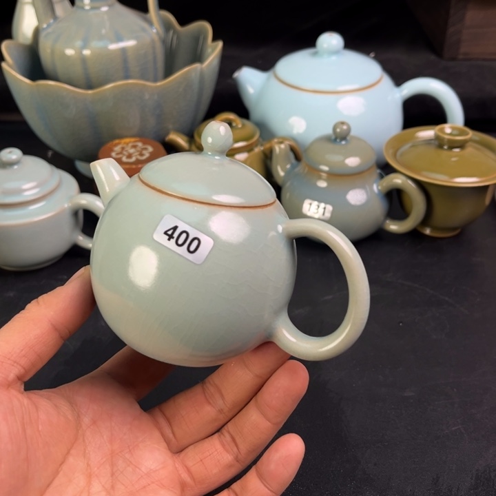 摆件天蓝釉汝瓷龙蛋壶手工