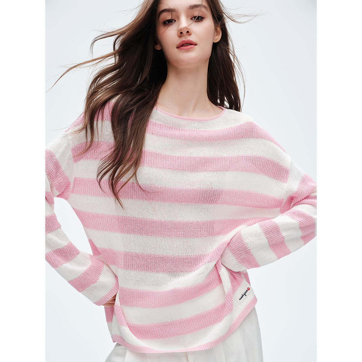 navigare意大利小帆船镂空慵懒风条纹针织衫女士春季宽松圆领罩衫