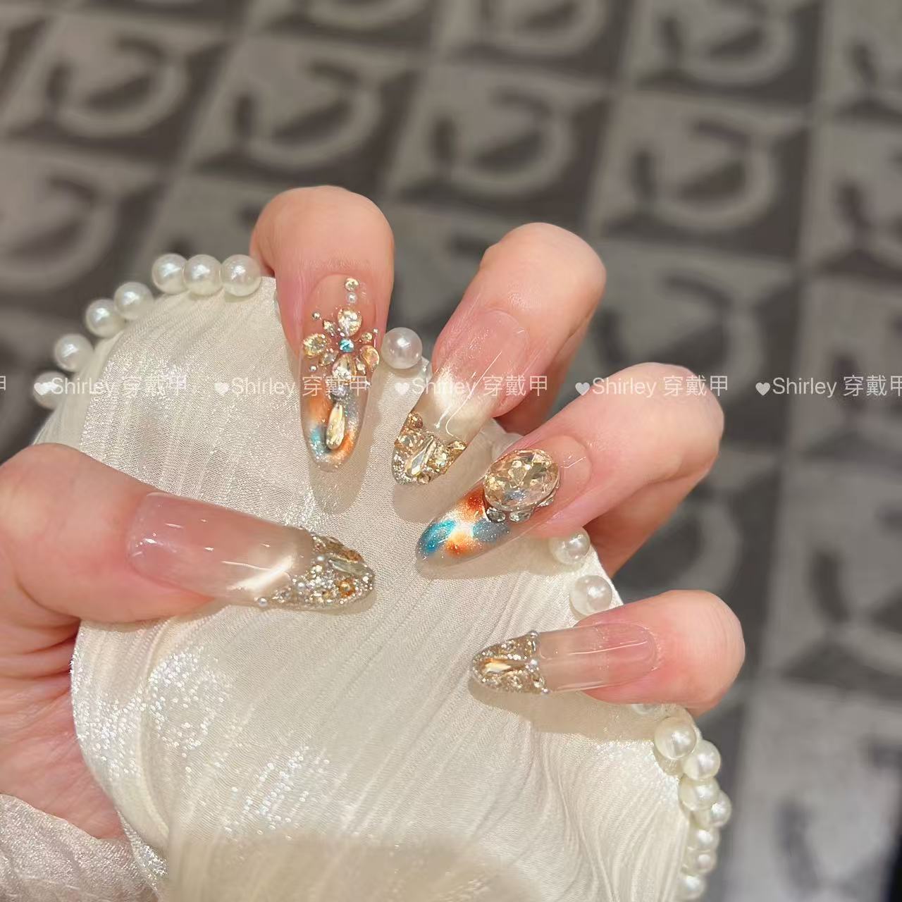 【琥珀千金】新款纯手工穿戴甲猫眼带钻美甲贴长款显白百搭美甲
