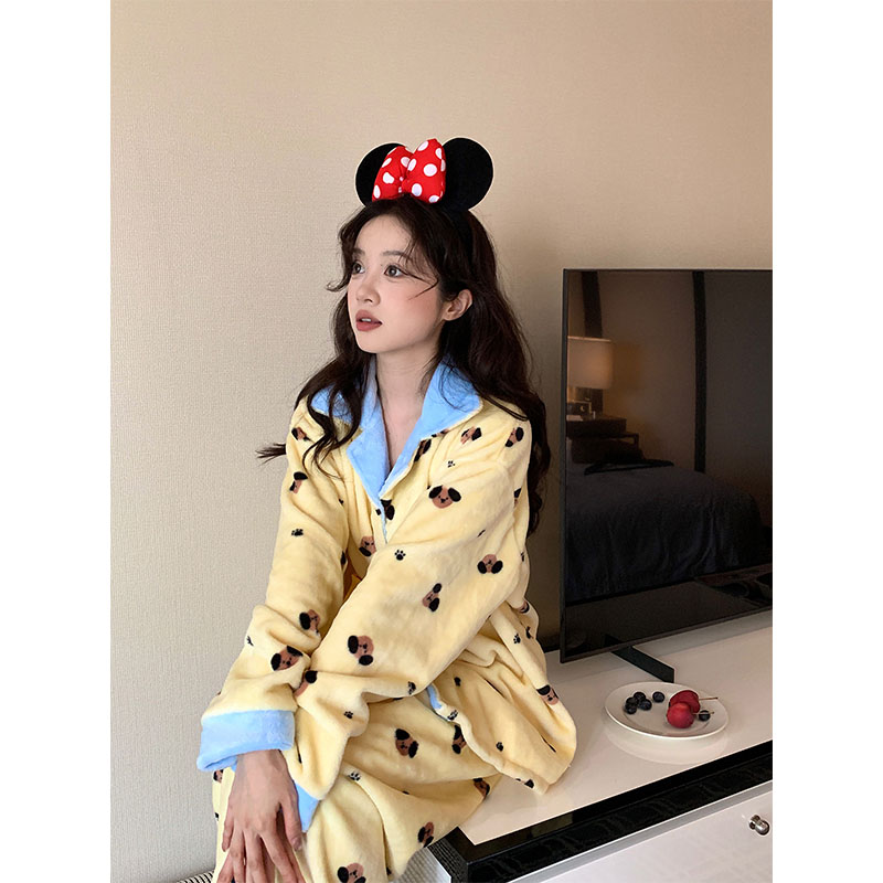 撞色小狗珊瑚绒睡衣女秋冬加厚可外穿家居服套装