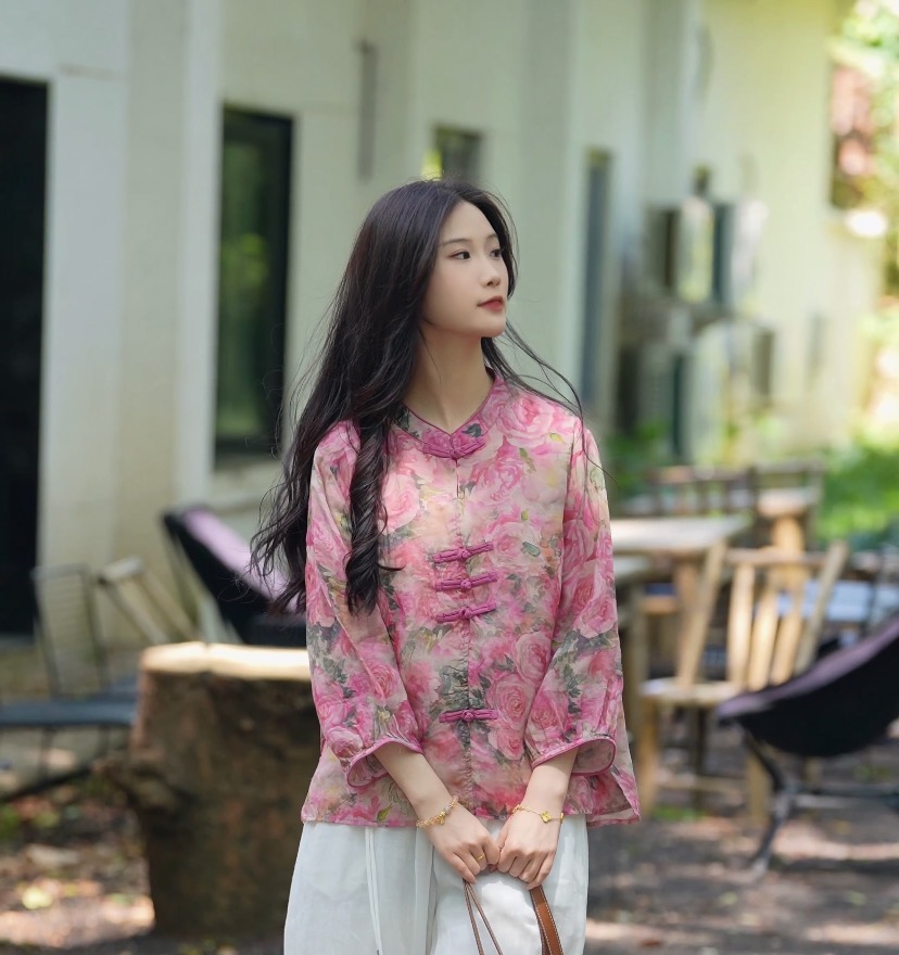 《卡布粉玫瑰》 原创中式纯苎麻短款宽松显瘦印花上衣8555（晶）