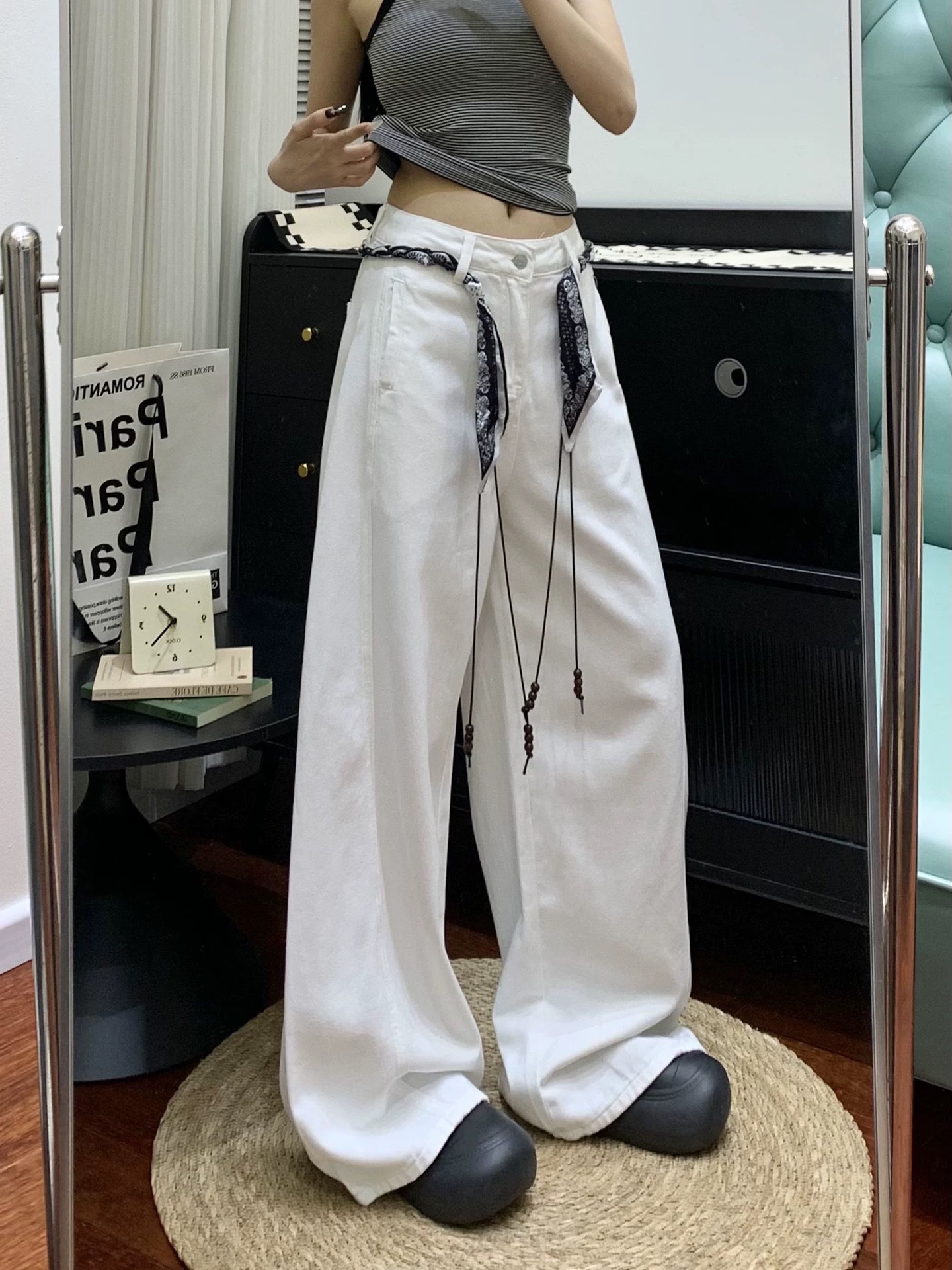 送腰带美式复古高级休闲弯刀百搭垂感阔腿拖地长裤牛仔裤女AM756