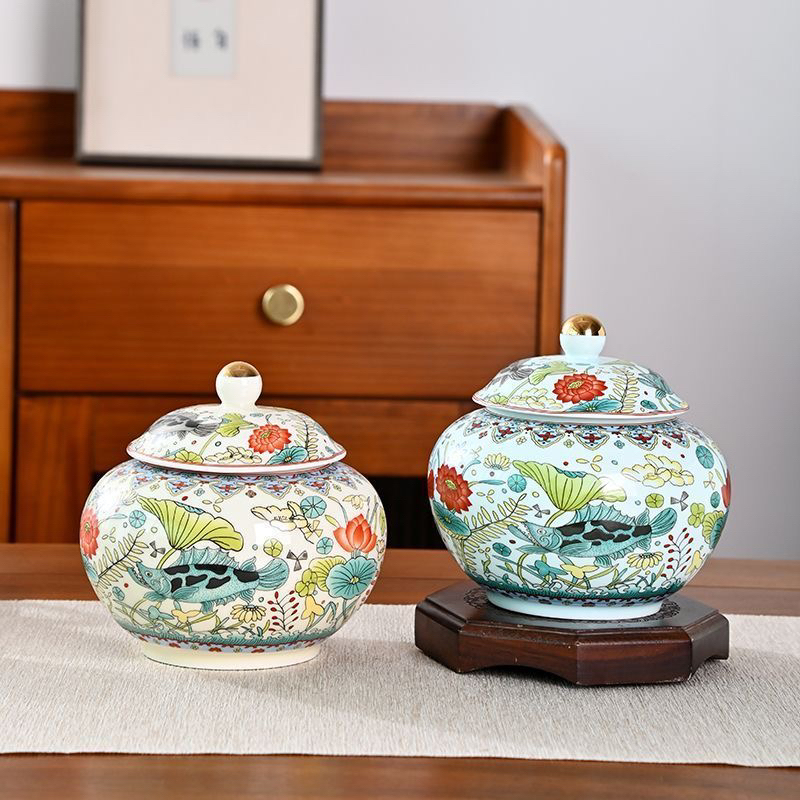 富贵鱼藻纹半斤装茶叶罐密封罐茶罐干果罐子陶瓷中式手工糖果罐