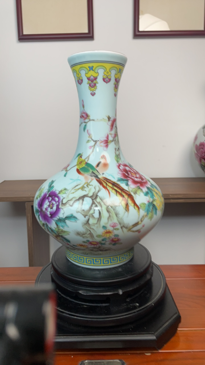 新中式仿古手工玄关粉彩花鸟花瓶用于客厅博古架装饰的工艺品摆件