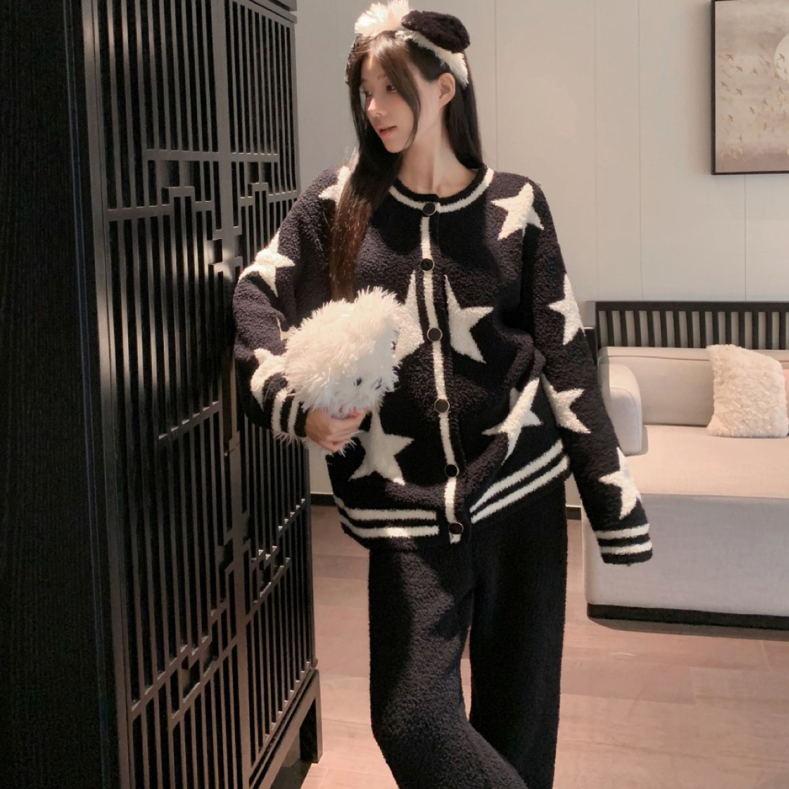 半边绒开衫黑色星星睡衣女秋冬季加厚保暖可外穿家居服ALE