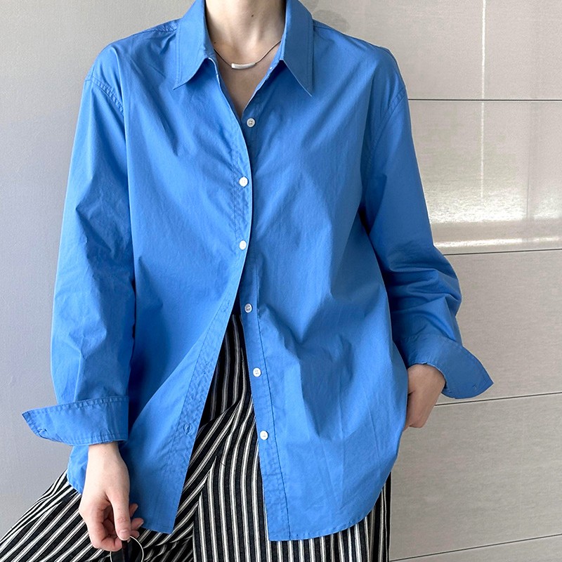 高级感宝蓝色衬衫100棉宽松显瘦百搭衬衫