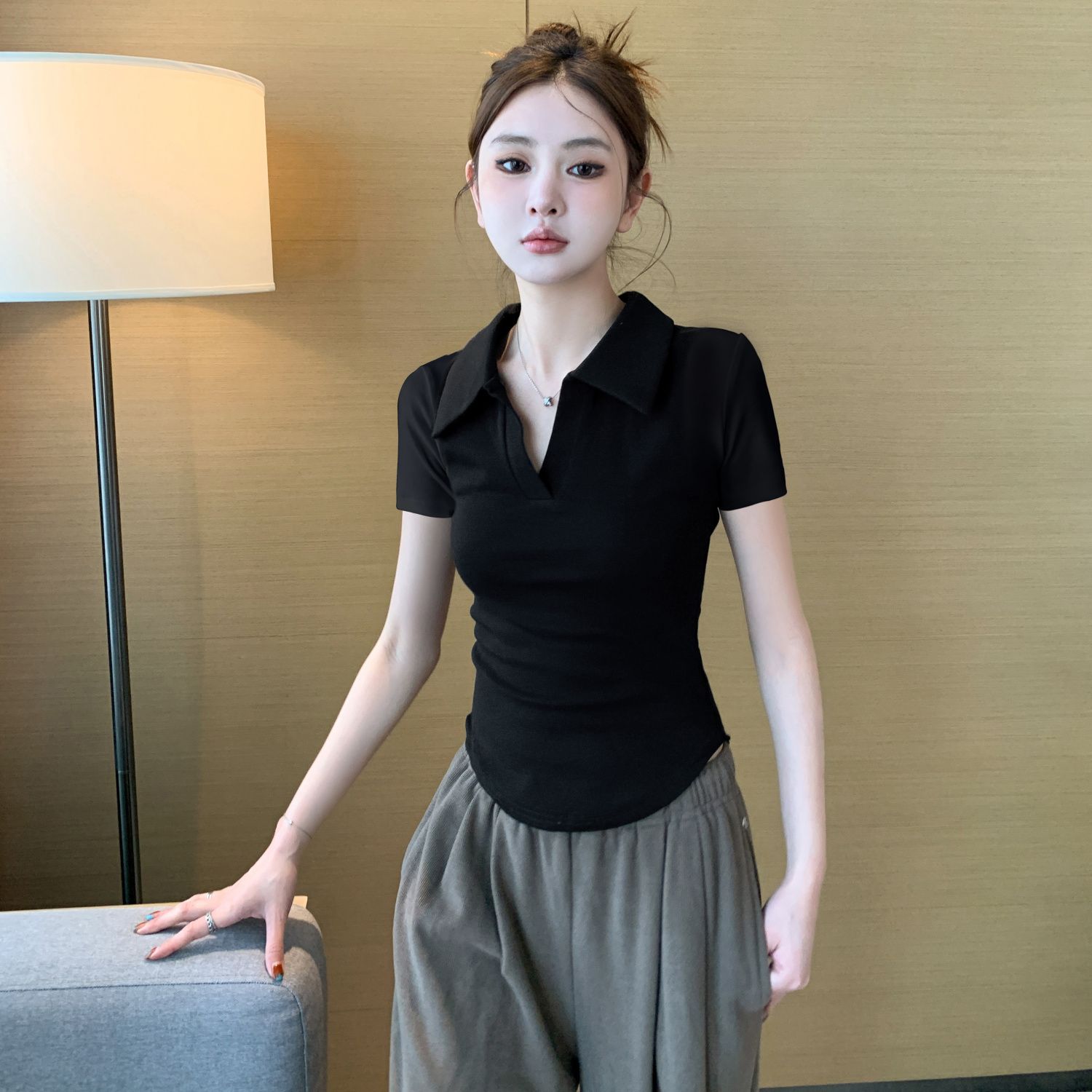X大码微胖MM洋气减龄新款polo领短袖t恤女夏季不规则显瘦正肩上衣