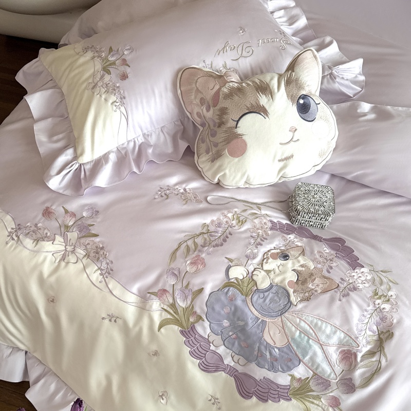甜法少女紫Wink猫100贡缎长绒棉春夏刺绣棉氛围感床上用品4