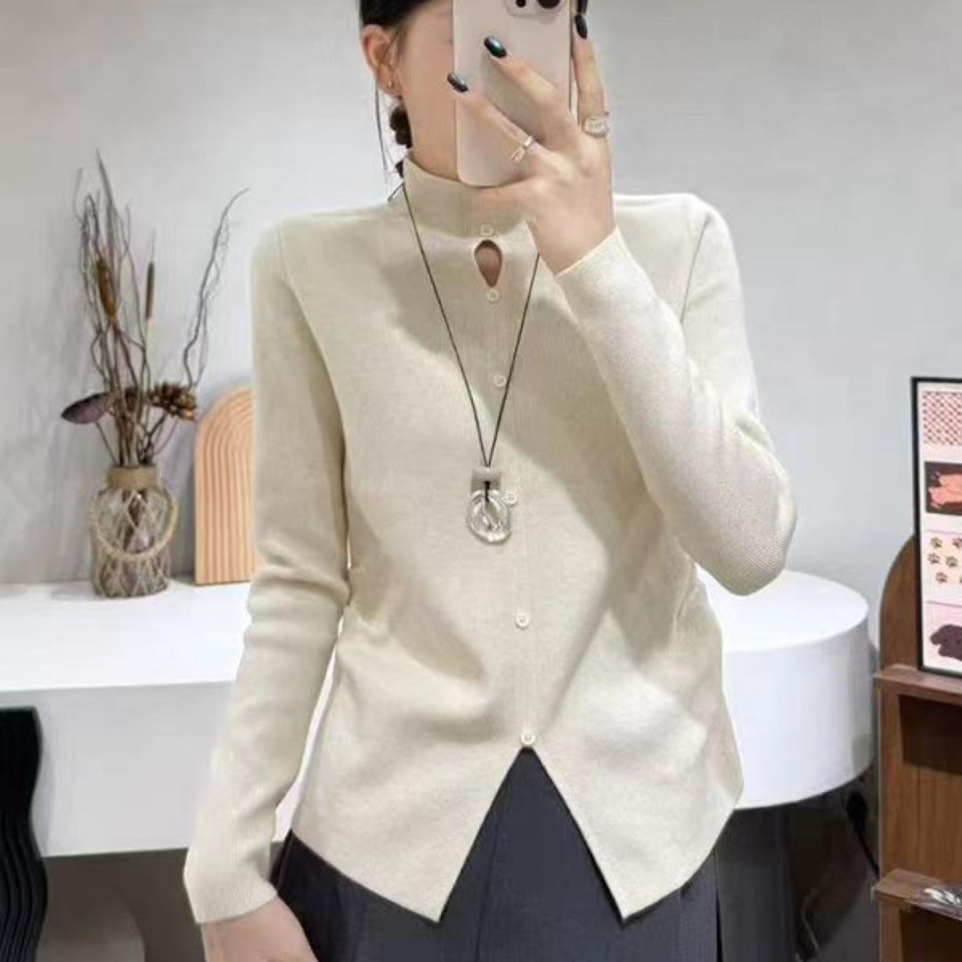 2025秋冬新款时尚休闲简约百搭针织上衣女设计小众镂空修身打底衫