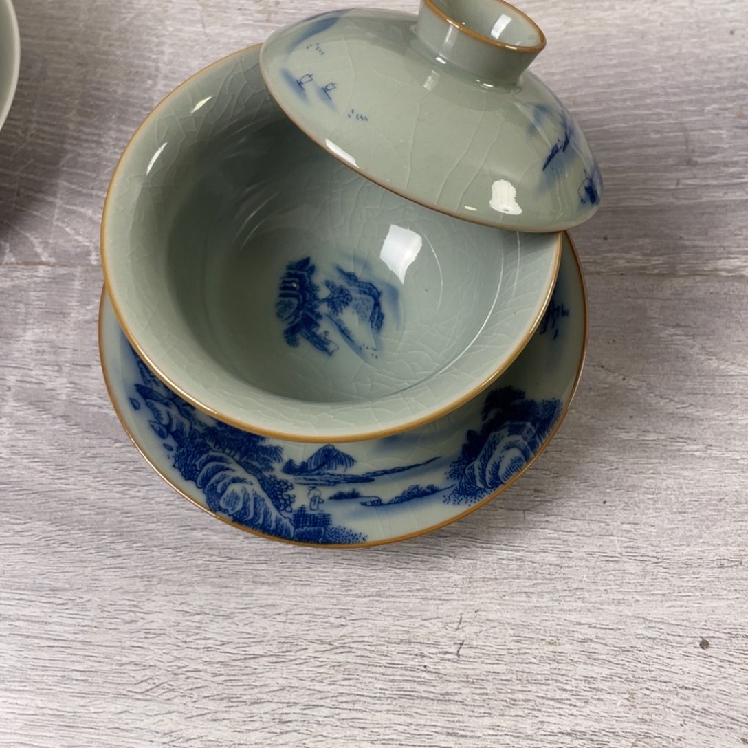 杯富春山居图元宝盖碗微瑕