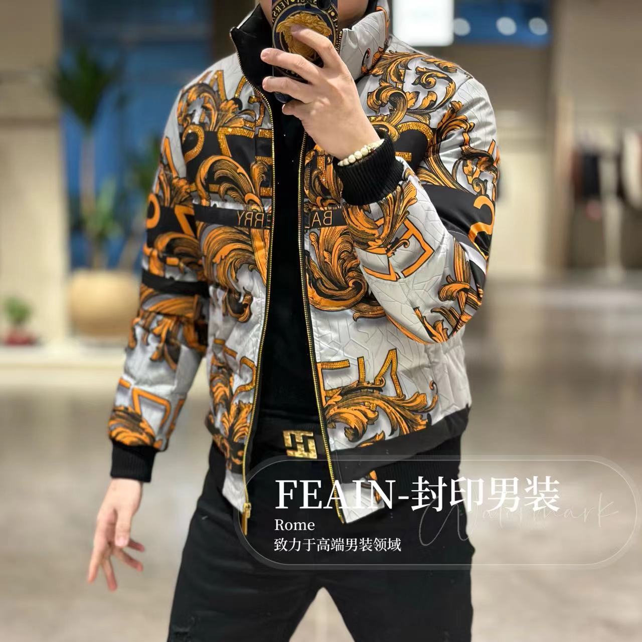 高端定制巴洛克直喷工艺奥钻点缀立领羽绒服7701