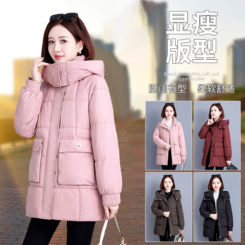 中长款棉衣显瘦保暖洋气大码连帽厚款冬季外套宽松棉服加厚中年