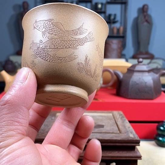 紫砂茶杯六鱼杯紫砂