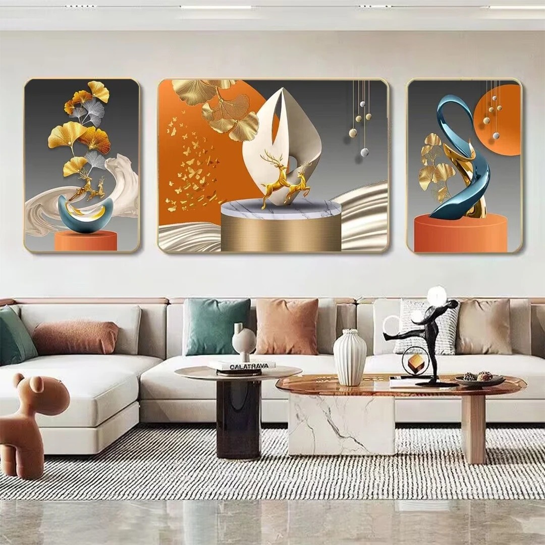 三联小鹿银杏叶轻奢简约客厅沙发背景晶瓷三联组合挂画画框