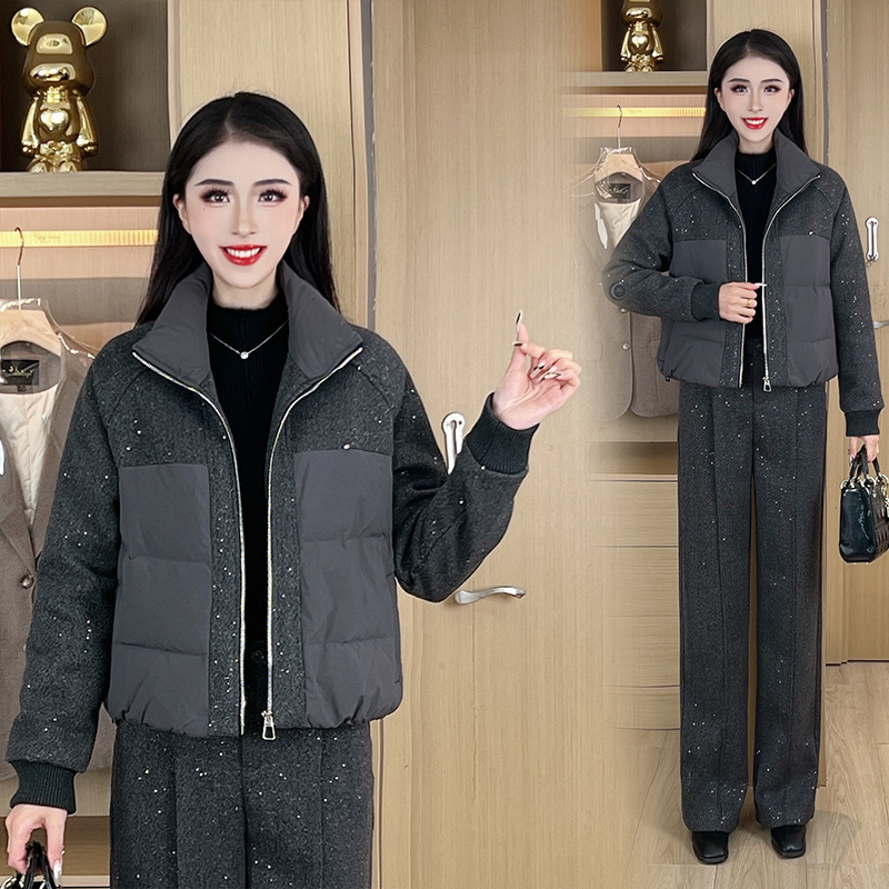 亮片毛呢拼接立领羽丝服女2024冬季新款保暖加厚宽松短外套#DY222
