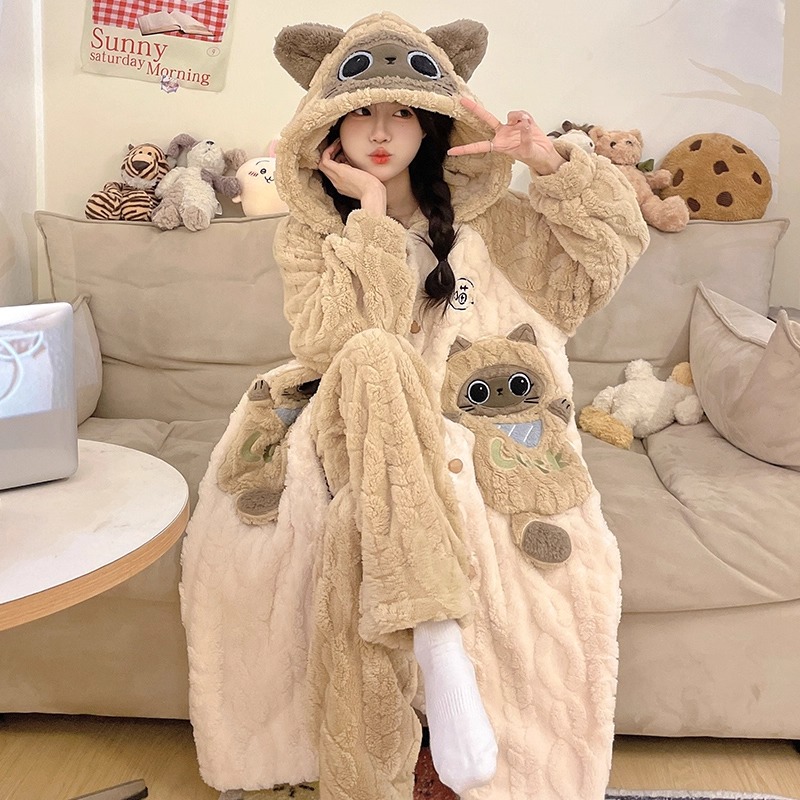 2025新款珊瑚绒睡袍女加绒加厚秋冬季天中长款睡衣浴袍家居服套装