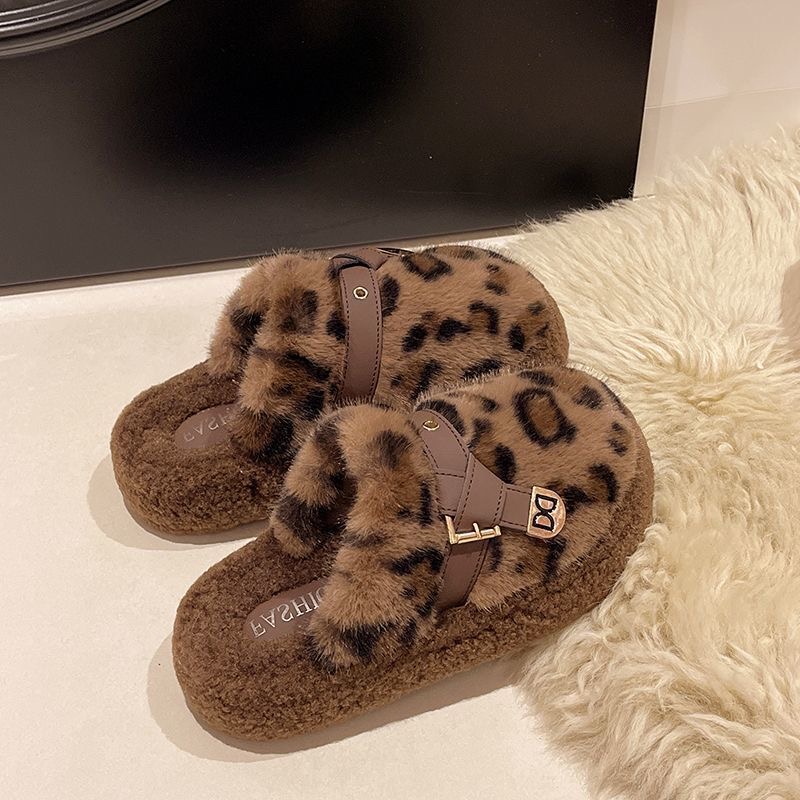 D爆款豹纹毛毛拖鞋女秋冬外穿2025新网红气质高级感厚底毛绒棉鞋0