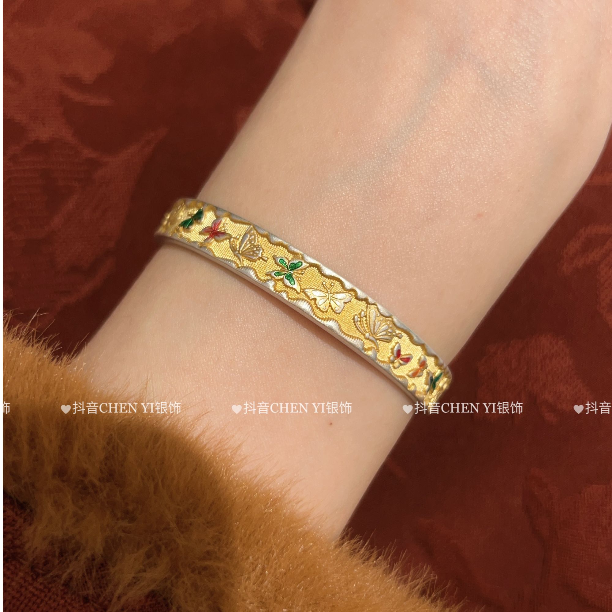 足银珐琅手镯 【化蝶】描金珐琅蝴蝶开口ins金色手镯复古银饰手工