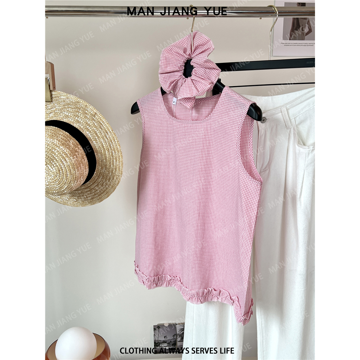 韩版夏季甜美减龄圆领格子背心上衣女配发圈通勤夏日无袖洋气休闲