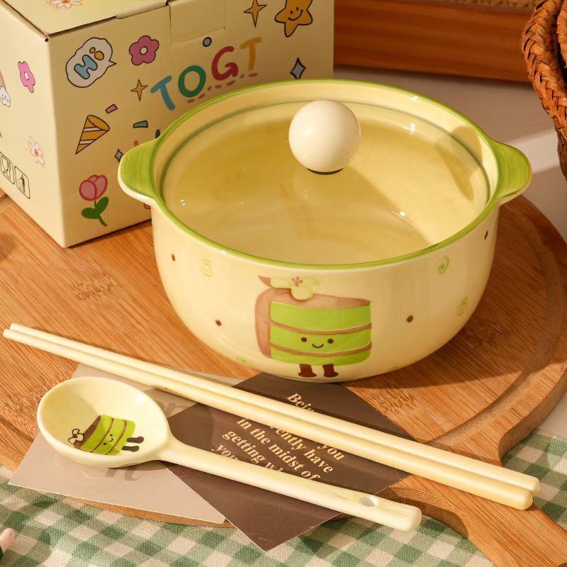 烘焙泡面碗带盖学生宿舍用方便面碗饭碗双耳陶瓷汤碗螺蛳粉碗yj