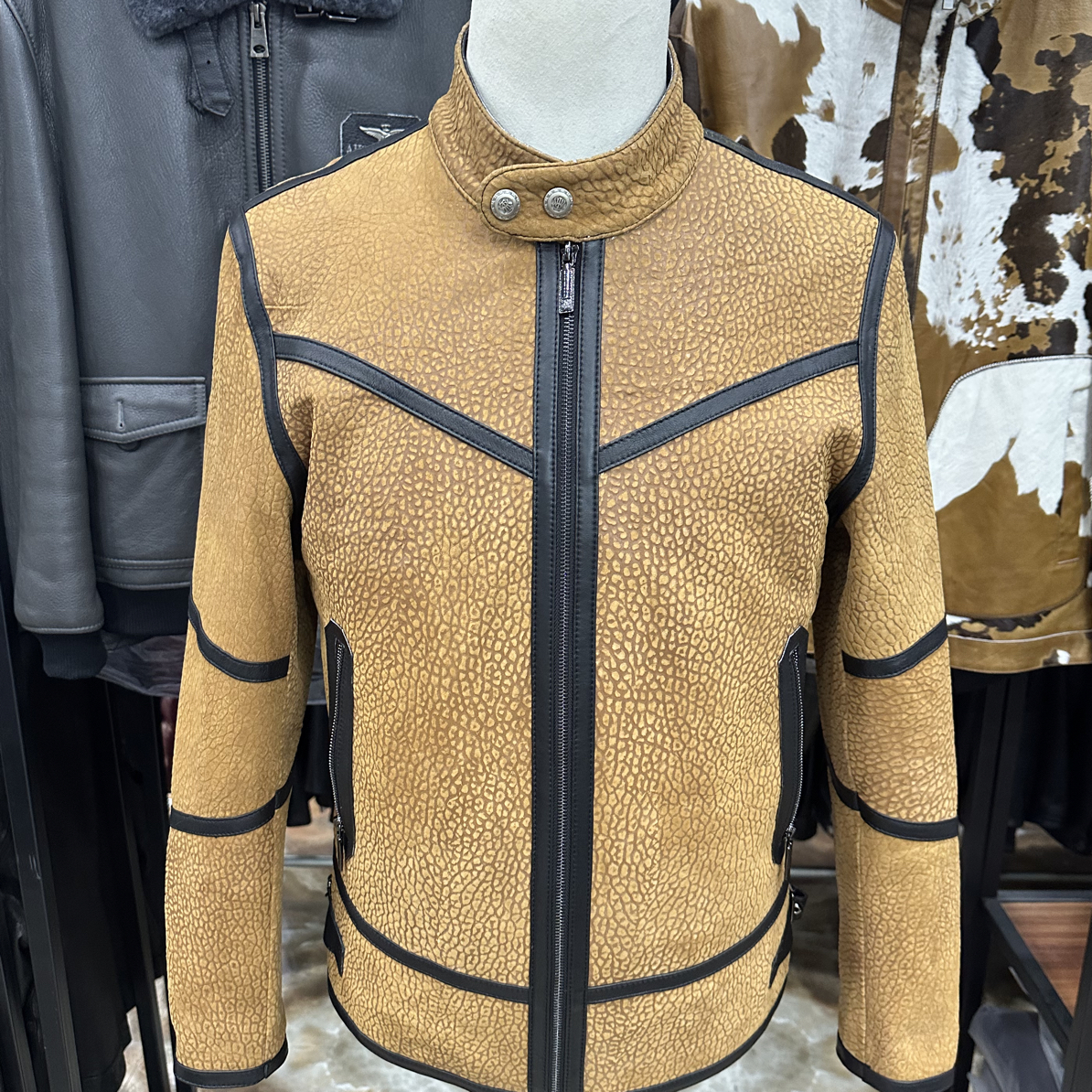 新款头层羊皮拉链立领机车潮流时尚秋冬夹克石头纹纹理