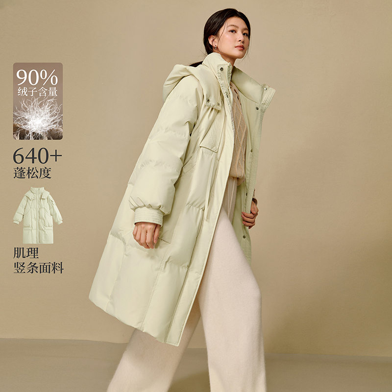【流光风穿搭】茵曼25冬季复古连帽高领长款羽绒服灯笼袖保暖外套