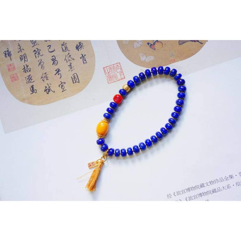 衣锦媚行925银镀金青金石蜜蜡手串S3814