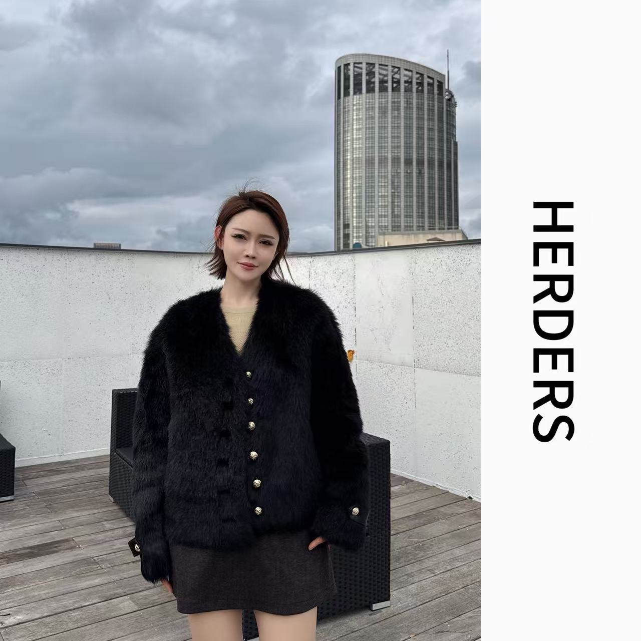 HERDERS 双色V领设计师秋冬款皮毛一体外套 30133