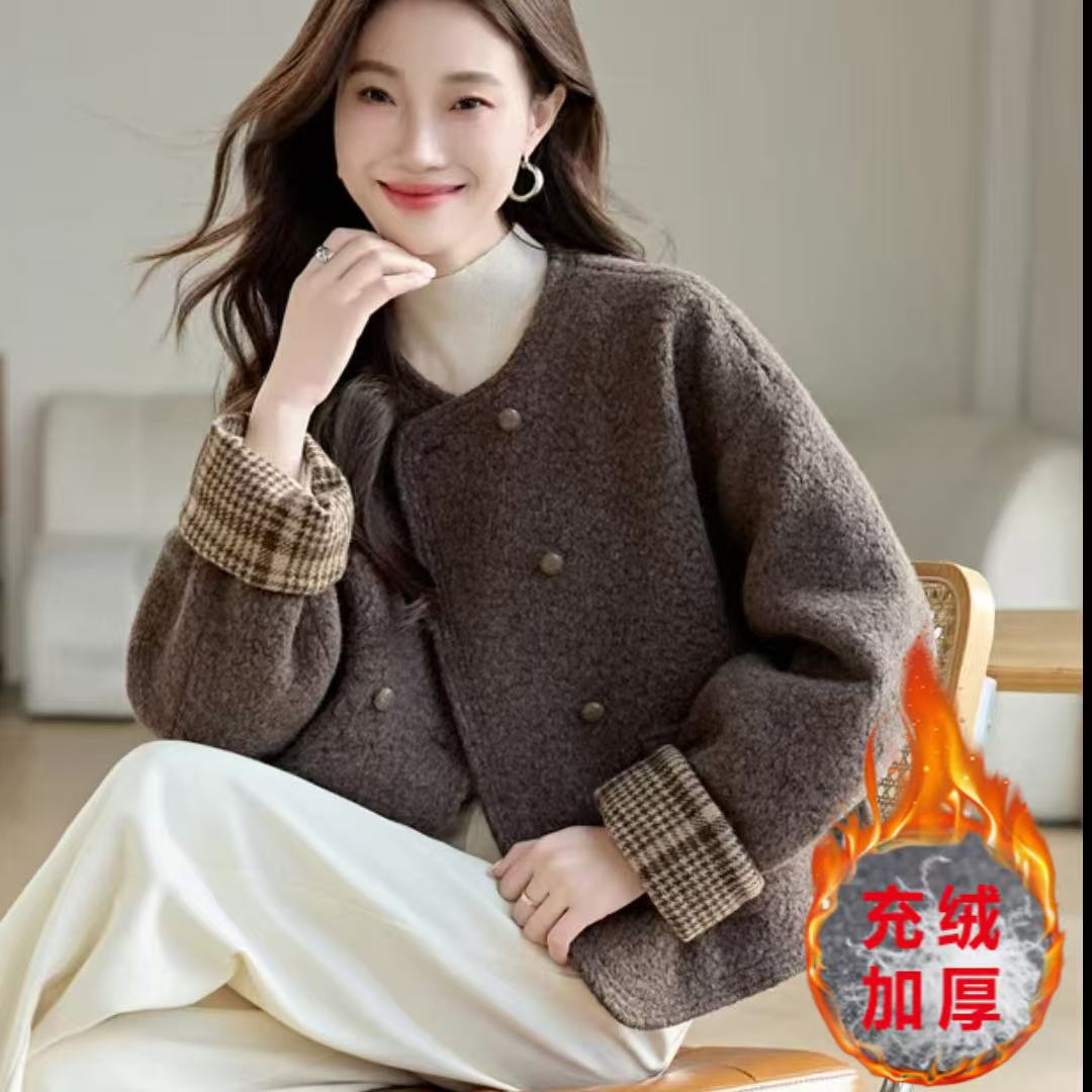 【当天发+运费险】咖色充绒小香风外套时尚保暖高级感双排扣款P2538