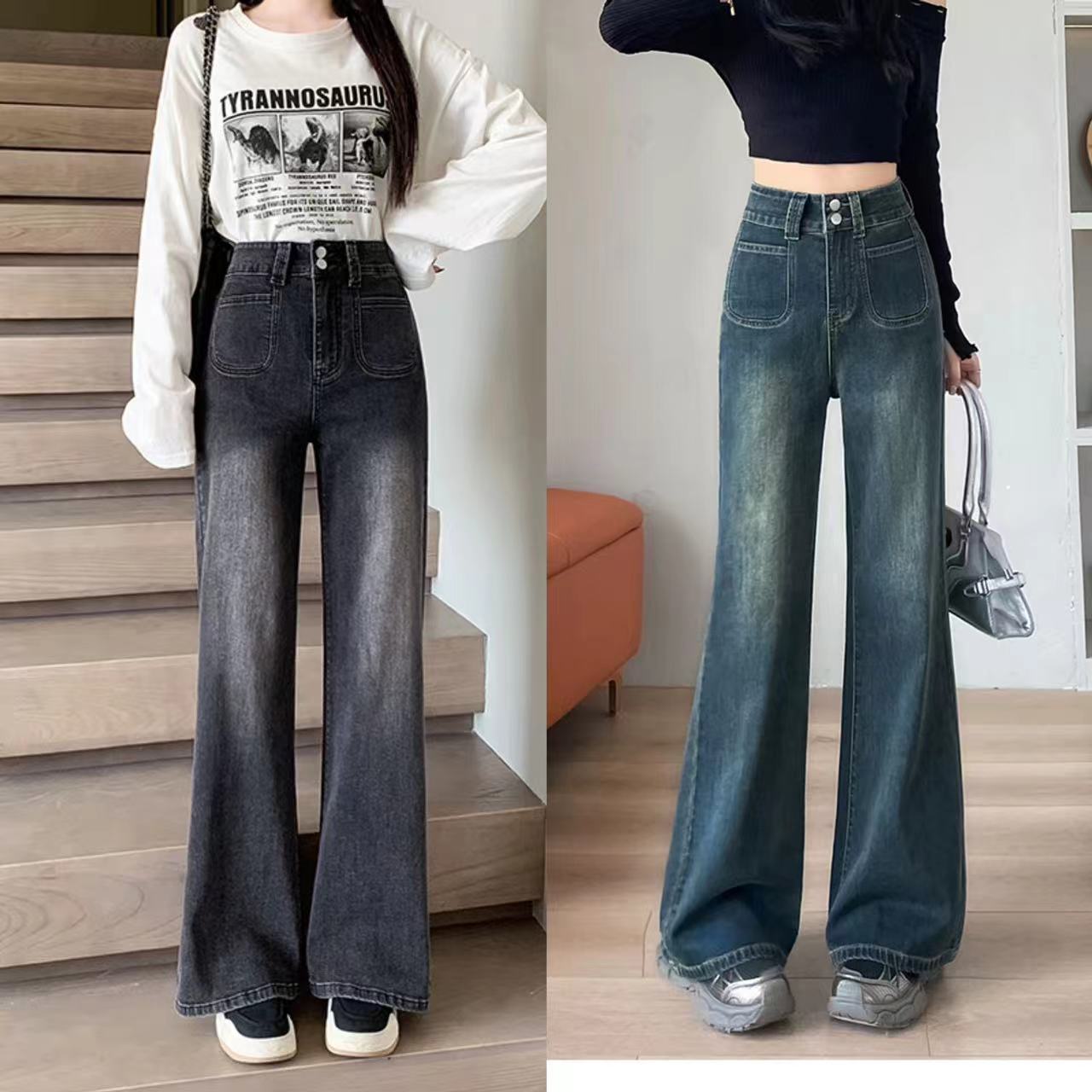 【全额运补  小个子定制】春秋百搭高腰显瘦弹力两粒扣微喇叭牛仔裤