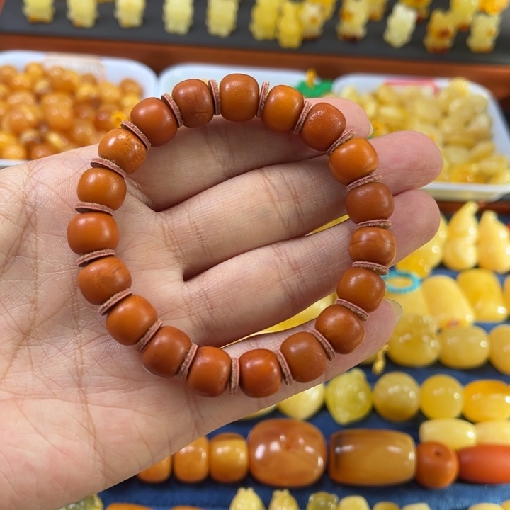 琥珀未镶嵌裸石卡10加老蜡橘皮手串精工微瑕