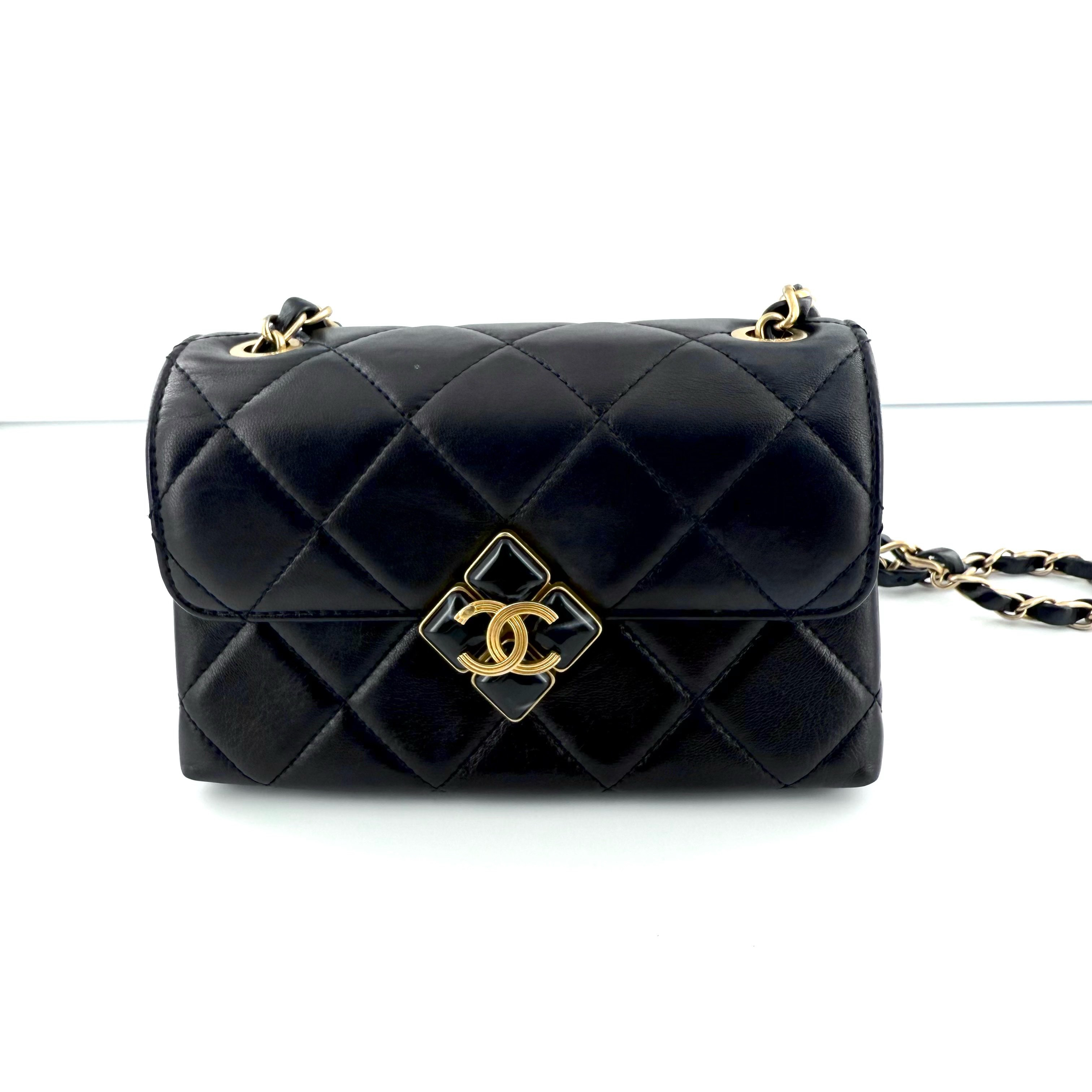 99新 Chanel/香奈儿 芯片款黑金方胖子单肩包宝石扣C1877 