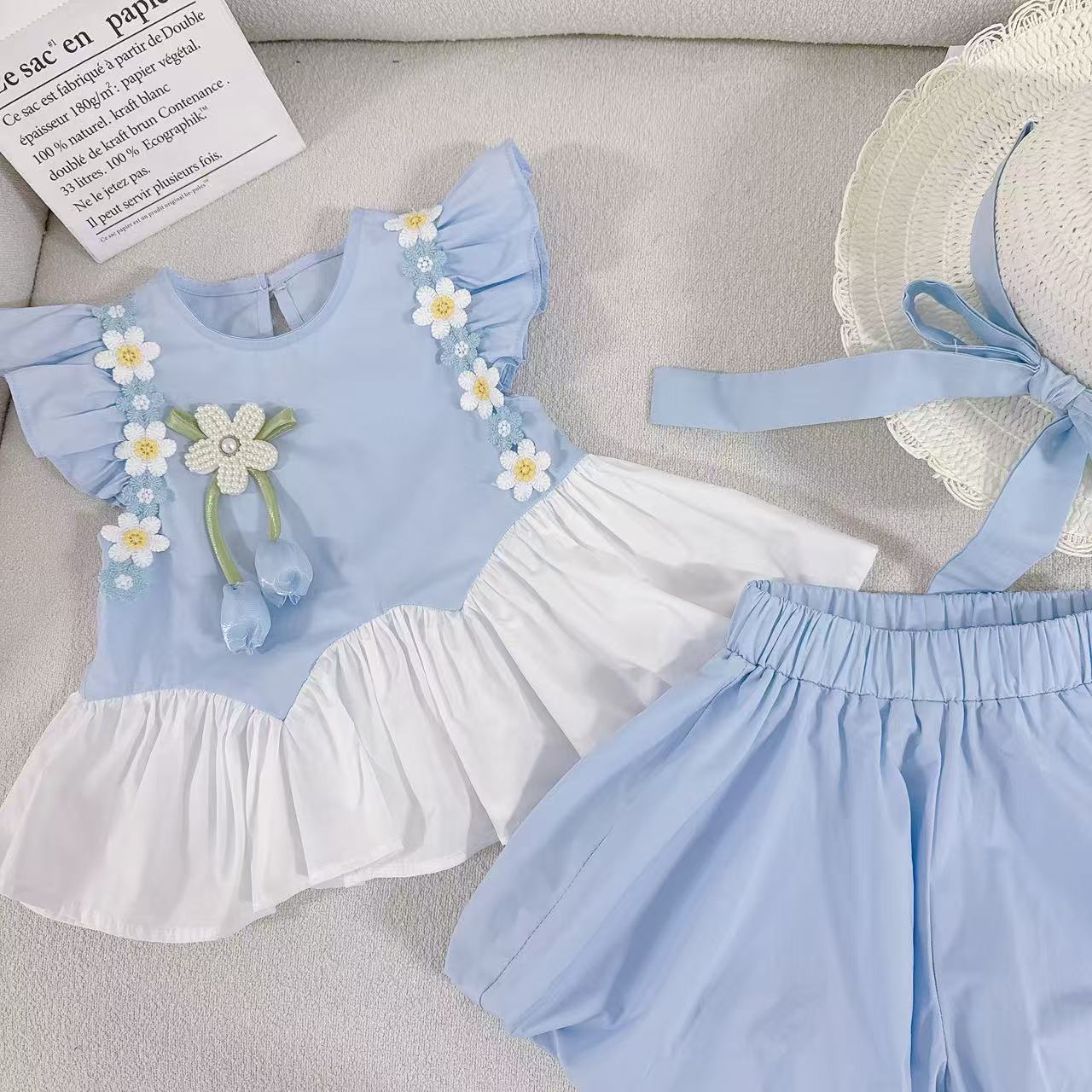 女童夏季飞袖套装2025新款甜美娃娃衫衣服女孩洋气儿童韩版两件套