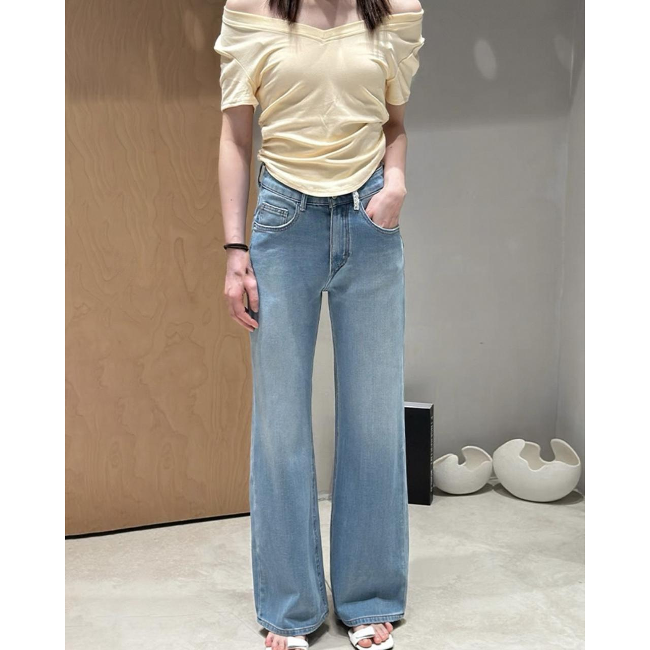 【561】牛仔裤女春夏薄款高腰蓝色弹力窄版阔腿裤