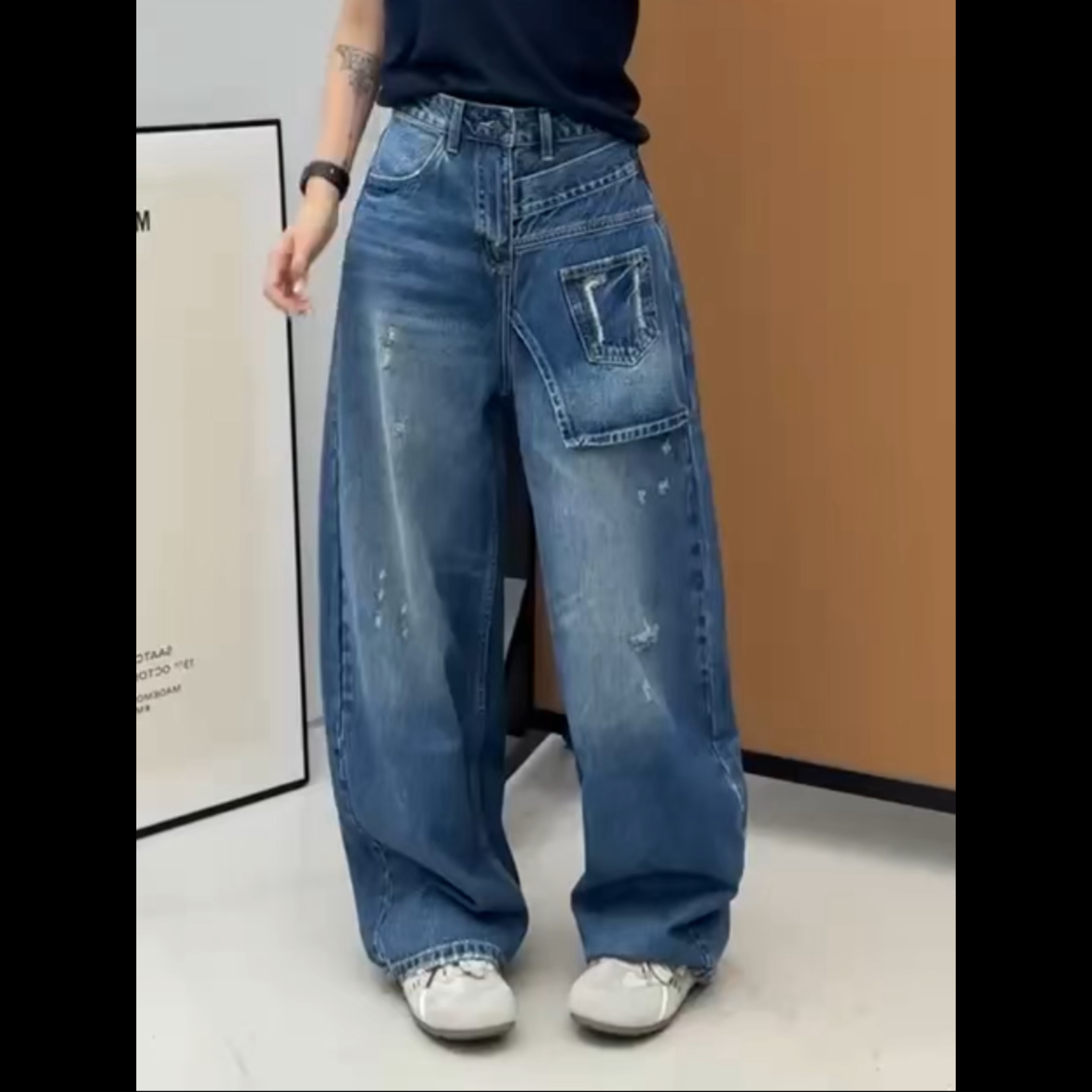 【玫瑰缘】欧货设计师款百搭显瘦时尚网红水洗休闲弯刀单片牛仔裤