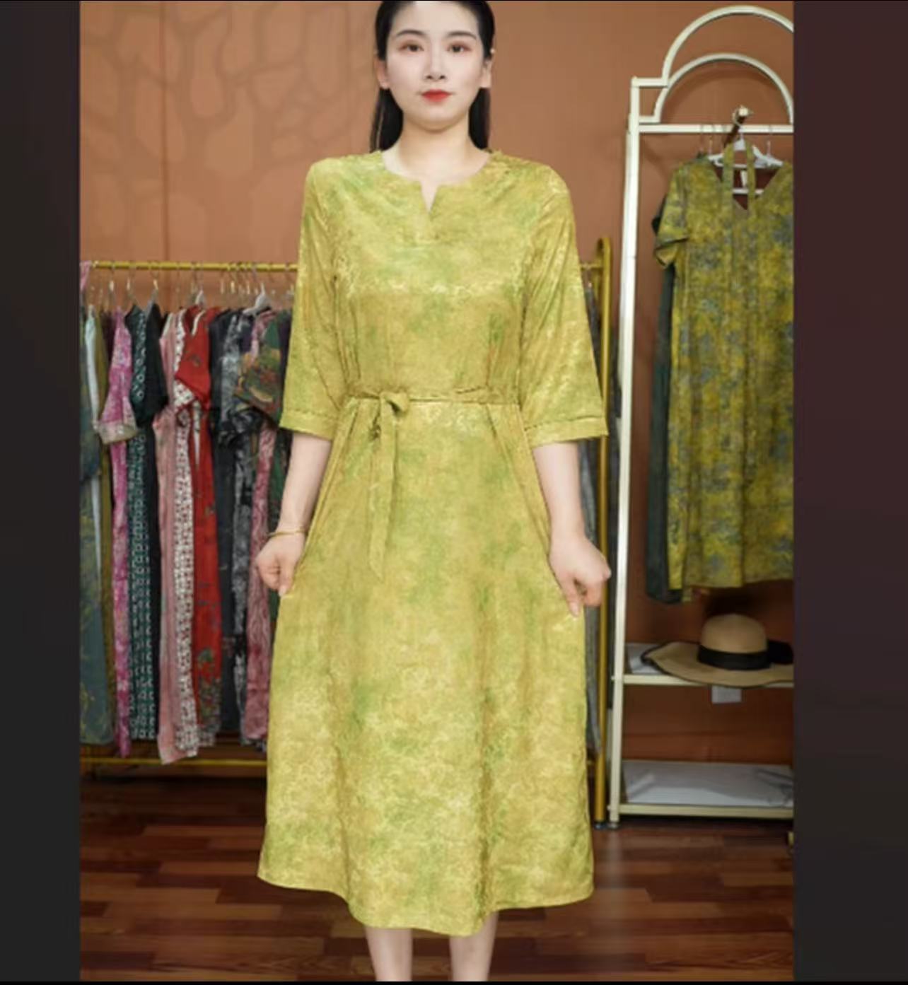 【青悠】长裙常规款薄款宽松型女装显瘦绿色中国风提花连衣裙139#