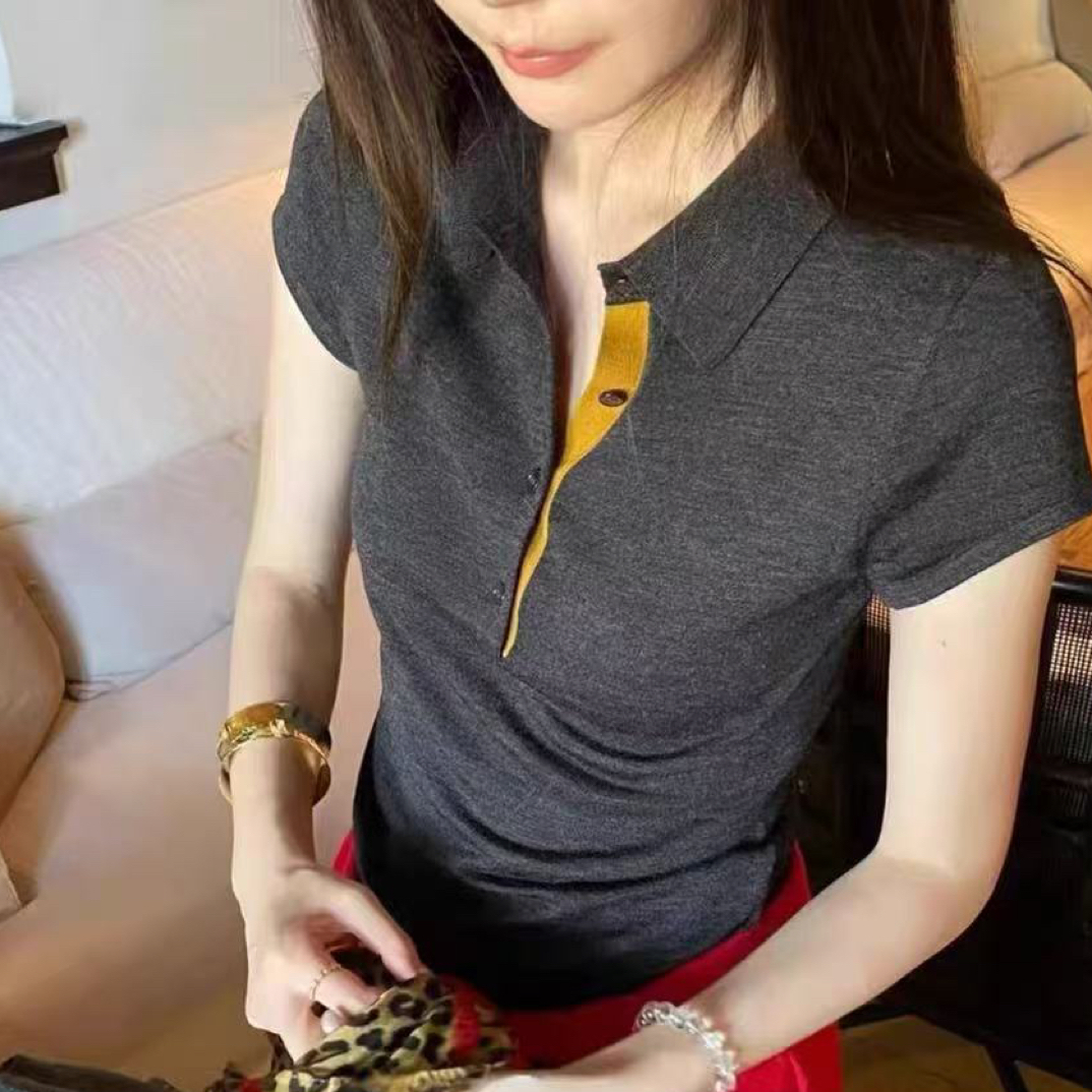 短袖针织薄款女夏季翻领毛针织衫时尚休闲上衣女装